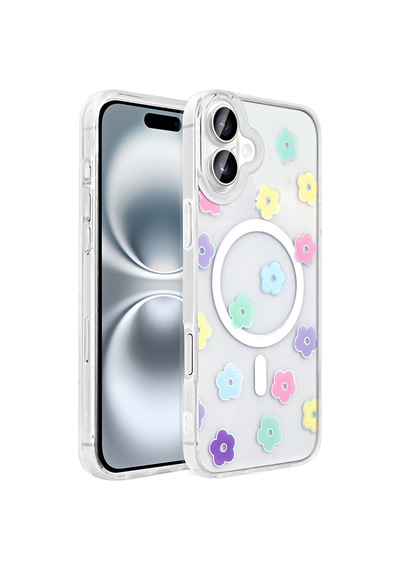 Techaks Apple Uyumlu iPhone 16 Plus Kılıf M-safe Şarj Özellikli Şeffaf Zore Folk Sert Kapak - Papatya Beyaz