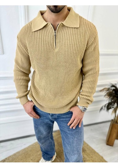 Elku Moda Kazak Oversize Tüylenmez Naturel Pamuk Fermuarlı Polo Yaka Örme Triko Kazak Kahverengi