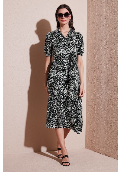 Lela Desenli Relaxed Fit Balon Kol Yırtmaçlı Kemerli Midi Boy Bayan Elbise 67810558 Yeşil-Leopar