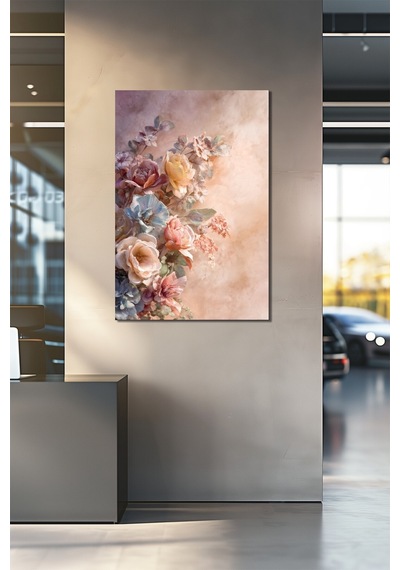Çiçek Buketi Baskılı Cam Tablo Pastel Tonlu Floral Duvar Dekoru