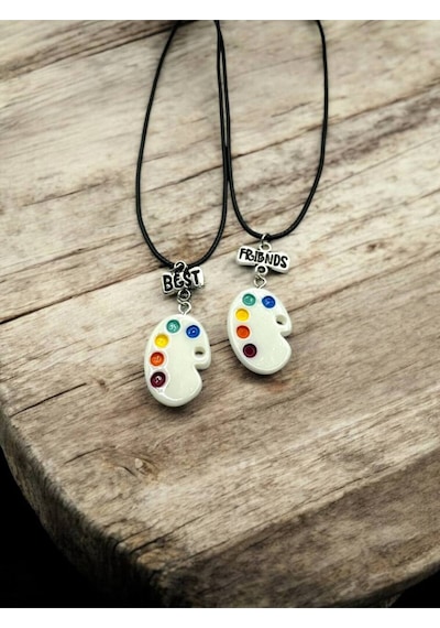 Palet Figürlü Best Friends 2 Li Arkadaşlık Kolyesi Renkli Sanat Temalı Takı Çok renkli