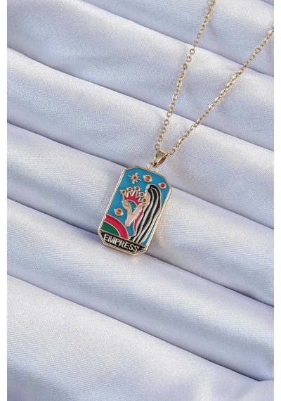 316l Çelik Zincir Altın Renk Taç Ve Kız Figürlü Renkli Mineli Tarot Kolye - Altın