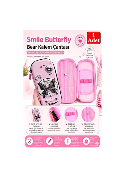 Pembe Kabartmalı Bölmeli Kalemlik 1 Adet P-5922 Kız Çocuk Okul Kalem Kutusu 3 Boyutlu Sevimli Karikatür Hediyelik Kırmızı