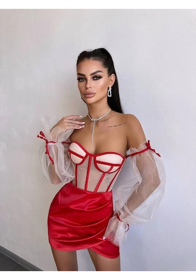 Havens Rosalıne Tül & Saten Detaylı Elbise Kırmızı