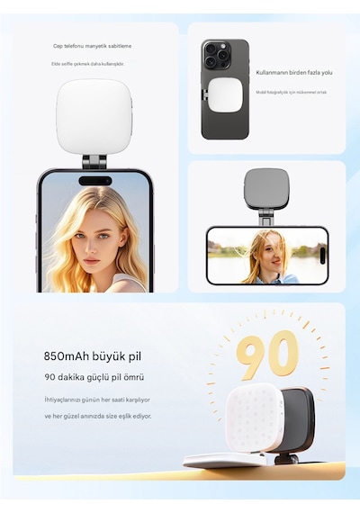 Şarjlı Aynalı Manyetik Led Selfie Işığı 3 Renk Modlu Telefon Video Çekim Ve Makyaj Işığı