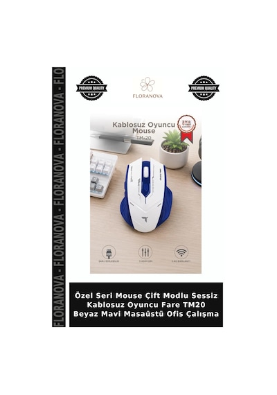 Özel Seri Mouse Çift Modlu Sessiz Kablosuz Oyuncu Fare Tm20 Beyaz Mavi Masaüstü Ofis Çalışma