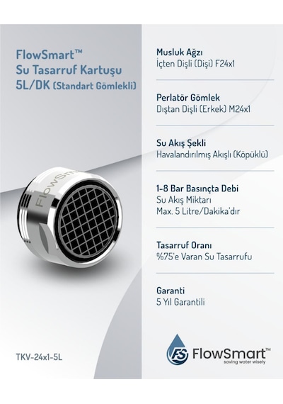 Flowsmart Avantaj Paketi 10 Lu 5 L/dk Su Tasarruflu Aeratör %75 Tasarruf Øf24 Uyumlu