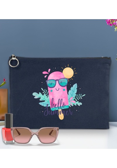 Bk Gift Yaz Temalı-5 Astarlı Lacivert Portföy Çanta 30x21cm, Baskılı El Çantası, Organizer Çanta