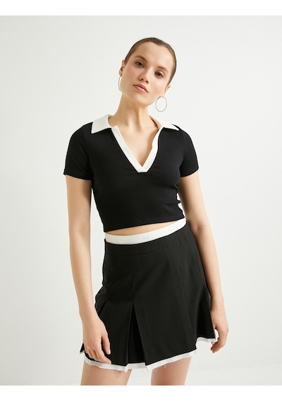 Koton Polo Yaka Crop Tişört Renk Kontrastlı Kısa Kollu Slim Fit Siyah 4sal10812ık Siyah