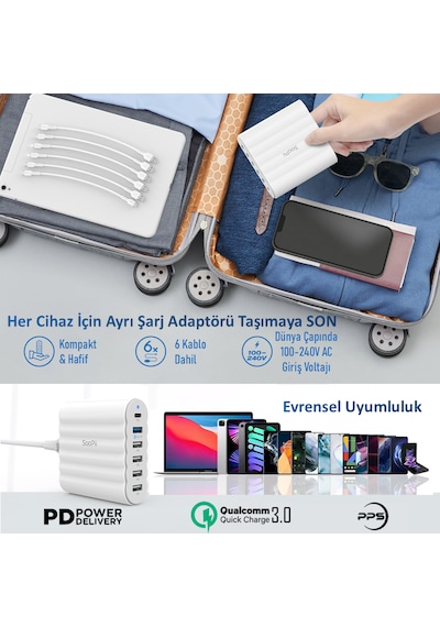 SooPii CS63 PD 3.0+QC3.0+PPS 68W 6 Port Taşınabilir Çoklu Şarj İstasyonu