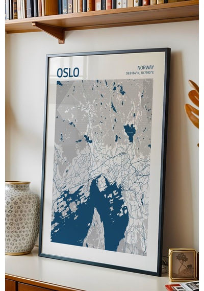 Oslo Norveç Norway Haritası Çerçeveli Tablo Lüks Salon Ofis Duvar Dekorasyonu Hediyelik Tablo
