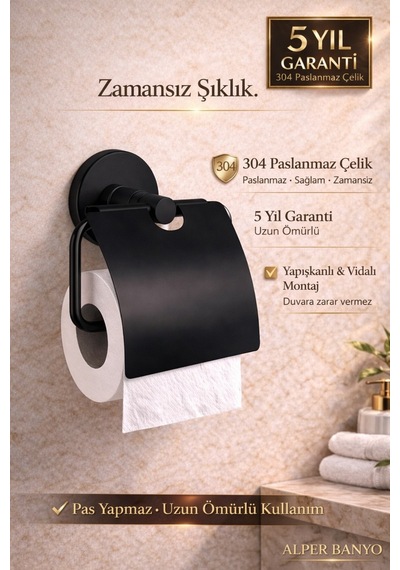 Alper Banyo Siyah 304 Paslanmaz Çelik Kapaklı Tuvalet Kağıtlığı – 5 Yıl Garantili – Yapışkanlı & Vidalı Montaj