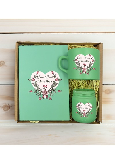 Bk Gift Kişiye Özel İsimli Dtf Anne Temalı Yeşil Defter & Kahve Fincanı & Mum Hediye Seti-5, Anneye Hediye, Anneler Günü Hediyesi Kobitmeyencom30829 B