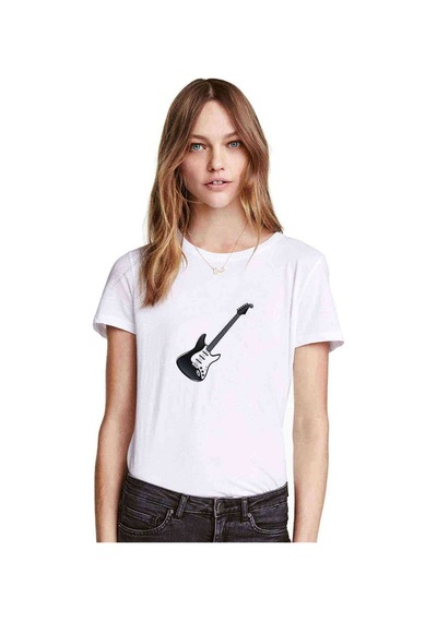 Elektro Gitar Rock Müzik Baskılı Beyaz Kadın Tshirt