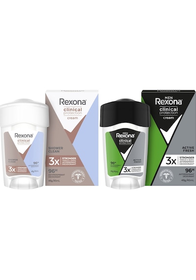 Rexona Clinical Protection Shower Clean Kadın Stick Deodorant 45 ML + Rexona Men Clinical Protection Active Fresh Stick Deodorant 45 ML Rexona Clinical Protection Shower Clean Kadın Stick Deodorant 45 ML + Rexona Men Clinical Protection Active Fresh Stick Deodorant 45 ML