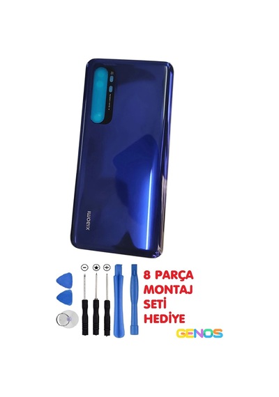 Xiaomi Mi Note 10 Lite Uyumlu Arka Cam Pil Batarya Kapağı Mavi + Montaj Set Diğer