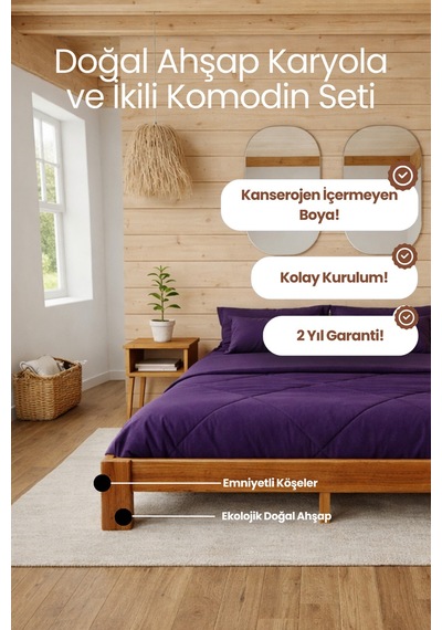 Soft Masif Ahşap Karyola Ve 2 Adet Komodin Ceviz 90x190