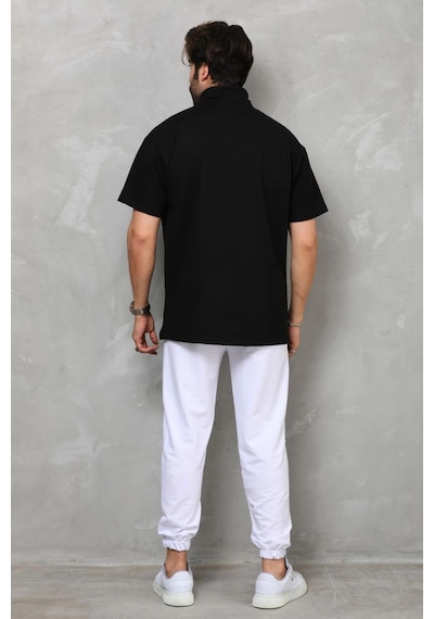 Novalisse Erkek Yarım Fermuarlı Düz Oversize T-shirt - Siyah Çoklu Renk