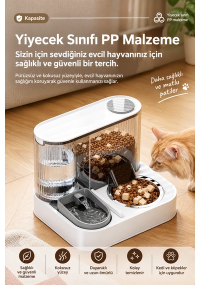 Monozone 2'si1 Arada Otomatik Kedi Su Sebili Çelik Hazneli Mama Kabı Kedi Köpek Mama Su Saklama Kabı