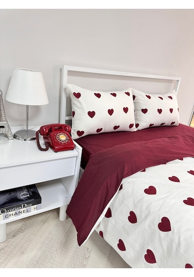 Üntaş Çift Taraflı Nevresim + 2 Adet Yastık Kılıfı Çift Kişilik Nevresim Takımı Kalp Desenli Beyaz - Bordo 200 x 230 Beyaz - Bordo