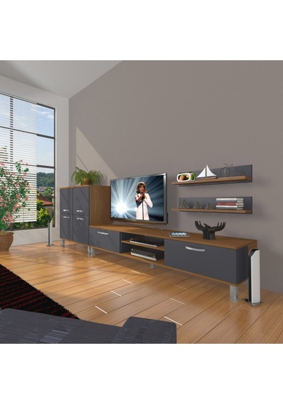 Decoraktiv Eko On Mdf Dvd Krom Ayaklı Tv Ünitesi Tv Sehpası Ceviz - Antrasit