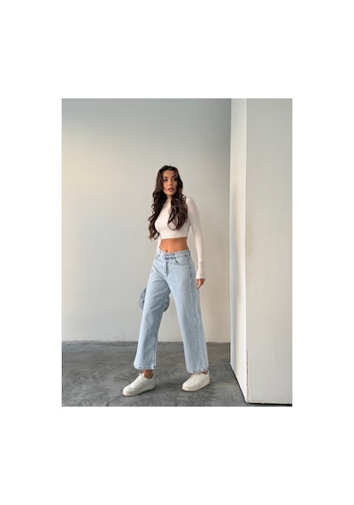 Blue Marlın Buz Kar Yüksek Bel Bilek Boy Kot Bol Paça Jeans Buz Kar