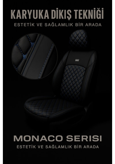 Audi A-5 Quattro 2015 - 2019 - Monaco Eviza Kumaş Deri Detaylı Oto Koltuk Kılıfı - Siyah Mavi Siyah Mavi
