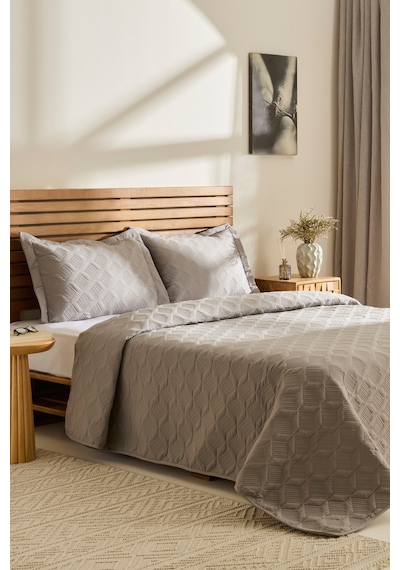Kaşmir Home Greta Geometrik Çift Kişilik Yatak Örtüsü Takımı Koyu Gri 230x240 cm