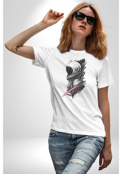 Astronot Kafası Unisex Unisex Beyaz Organik Baskılı T-shirt Penye Yüksek Kalite Beyaz