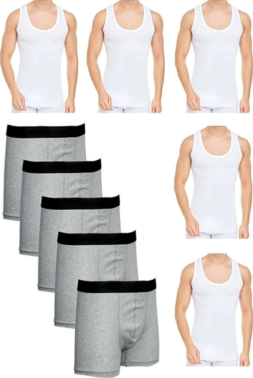 Tezzgelsin Erkek 10 Parça Atlet Ve Boxer Takımı Ekonomik Paket Atlet Ve Boxer Set 5 Atlet 5 Boxer Beyaz - Gri