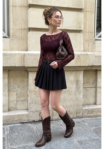 Lela Çiçek Desen Dantelli Kayık Yaka Bluz Kadın Bluz 5867118 Bordo