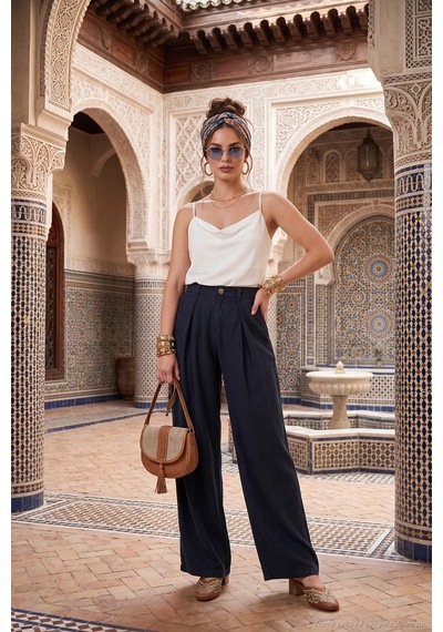 Lela Relaxed Fit Yüksek Bel Geniş Paça Pantolon Bayan Pantolon 668yp5515 Lacivert