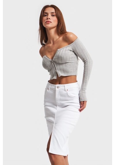Itsbasic Kadın Beyaz Renk Erica Midi Boy Yüksek Bel Yırtmaçlı Jean Etek