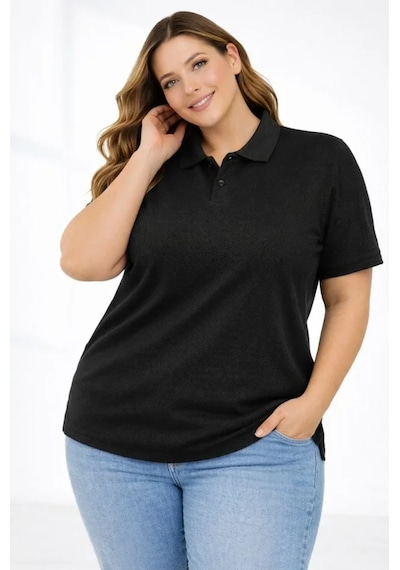 Buğrahayalin Pike Kumaş Düğmeli Yaka Battal Büyük Beden Günlük Kısa Kol Tişört T-shirt - Siyah Siyah