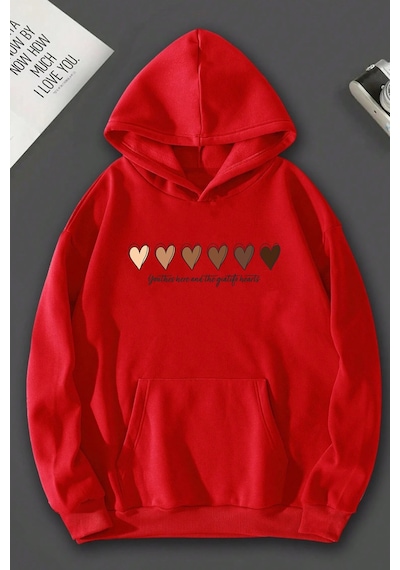 Unisex Kalp Baskılı Oversize Sweatshirt Kırmızı