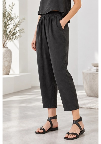 Mevese Beli Lastikli Modal Pantolon & Kalın Askılı Bluz Takımı - Siyah