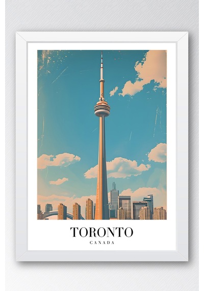 Toronto Canada Vintage Seyahat Posteri Çerçeveli Tablo - Premium Cn Tower Elit Duvar Dekoru Beyaz