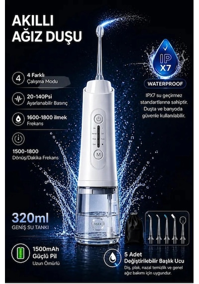 Şarjlı Ağız Duşu Diş Bakım Cihazı 4 Modlu Diş Arası Temizleyici 320ml 5 Başlıklı 1500 Mah Kablosuz