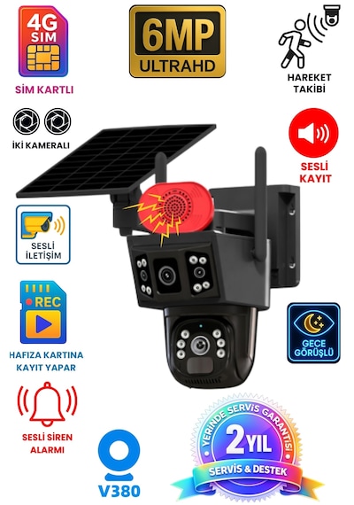 İki Kameralı Sim Kartlı 4g Sesli Alarmlı Solar Panelli Güvenlik Kamerası