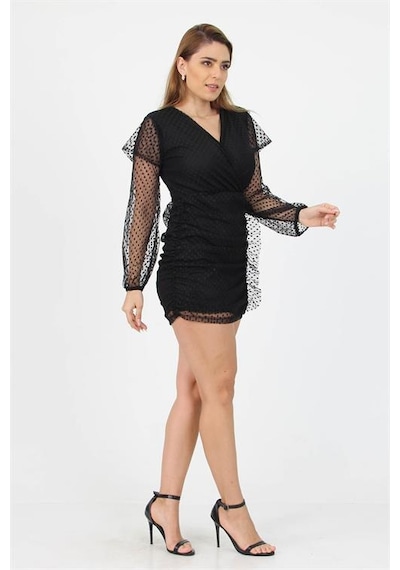 Neşeli Butik Kadın Tül Kruvaze Yaka Yanları Büzgülü Yeni Sezon Mini Elbise Nb10002 Siyah