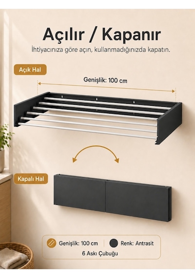 Çamaşır Kurutma Askılığı Katlanır Duvara Monte Balkon Banyo Askılık Duvar Tipi Yer Tasarruflu Kurutmalık 100 Cm Belize Antrasit