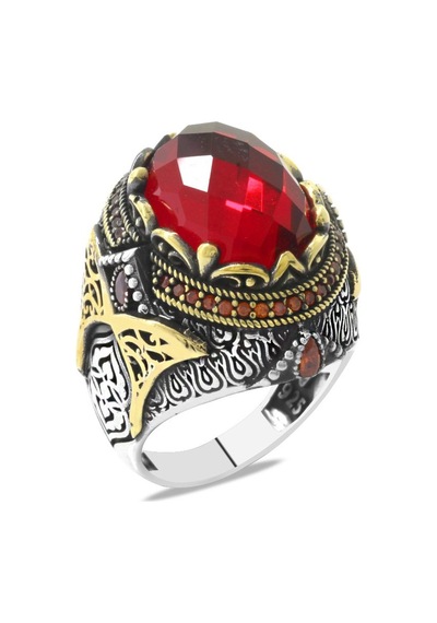 Faset Kesim Kırmızı Zirkon Taşlı Oval Tasarım 925 Ayar Gümüş Erkek Yüzük