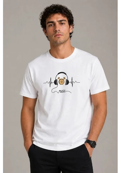Efnaz Style Erkek Müzik Temalı Baskılı Tişört Bisiklet Yaka Kısa Kol T-shirt - Beyaz