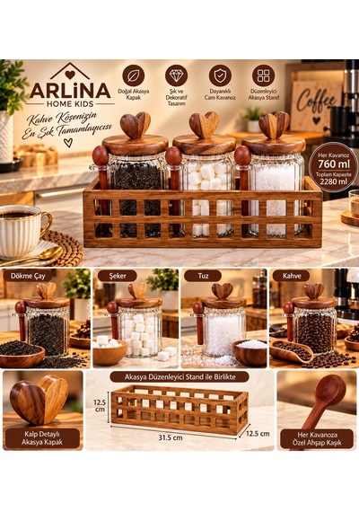 3 Lü 760 Ml Cam Kavanoz & Akasya Stand Seti Cam - Şeffaf