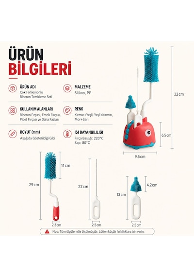 Valkyrie 3'lü Dinazor Biberon Temizleme Fırça Seti Silikon Biberon - Emzik ve Pipet Fırçası Stantlı