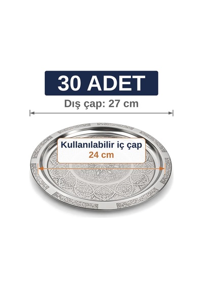 Binbir Trend 27 Cm Otantik Desenli Krom Çelik Kebap, Izgara, Meze Ve Servis Tabağı 30 Adet