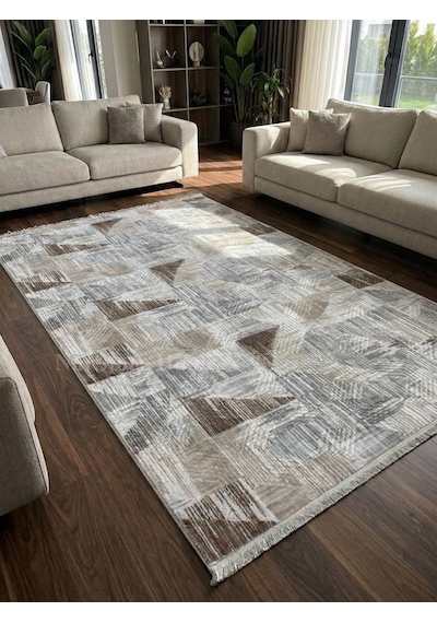 Gri Krem Kahve Kaymaz Taban Yıkanabilir Kesme Yolluk Halı Modern Desen