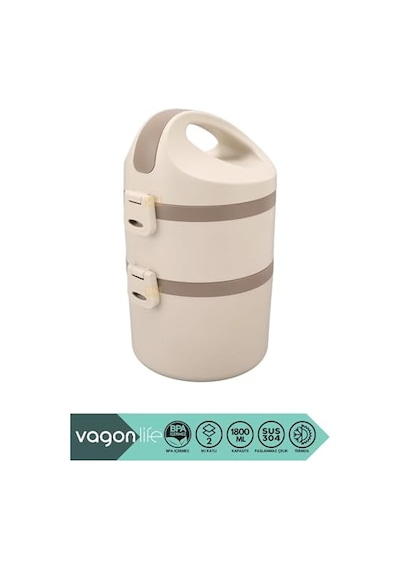 Vagonlife Bento 1800ml Lunchbox 2 Katlı 4-6 Saat Sıcak/soğuk Termos Özellikli Çelik Sefer Tası Yemek Kutusu Bej Diğer