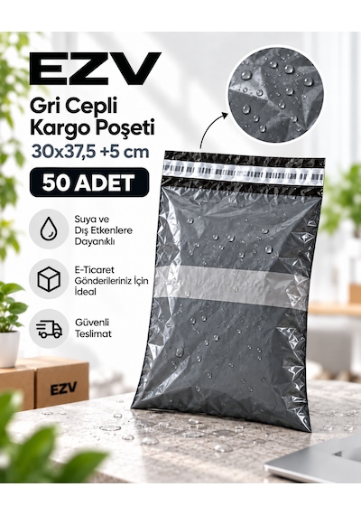 Gri Cepli Kargo Poşeti 30x37,5 +5 Cm 50 Adet