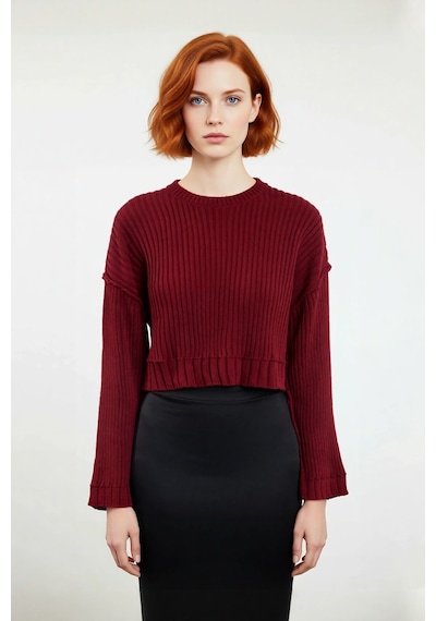 Ersefa Kadın Bordo Oversize Kesim Fitilli Triko Crop Kazak Uzun Kollu Bi